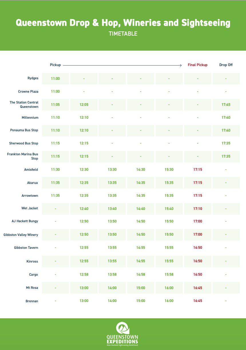 Queenstown Drop and Hop Timetable